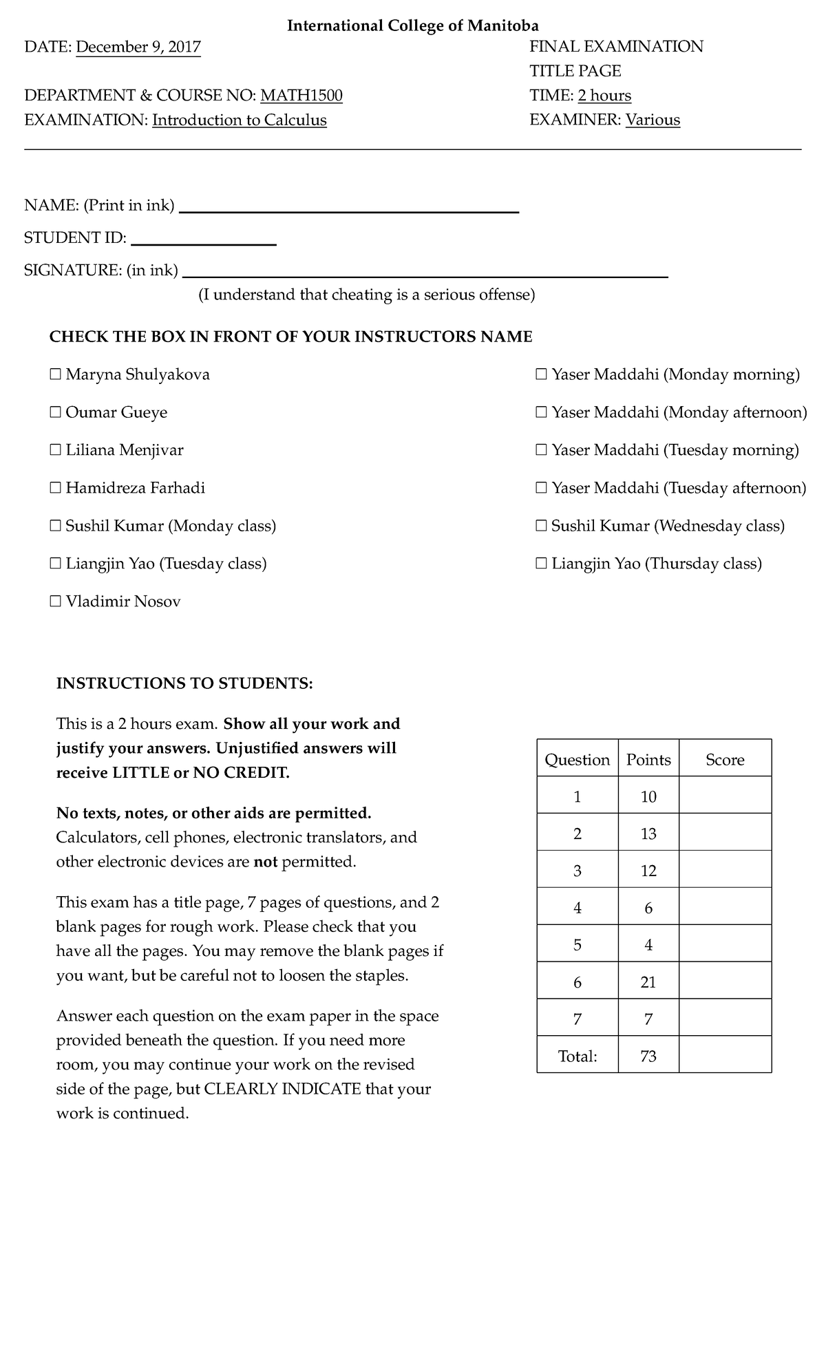 Final exam Fall 2017, questions and answers - DATE: December 9, 2017 ...