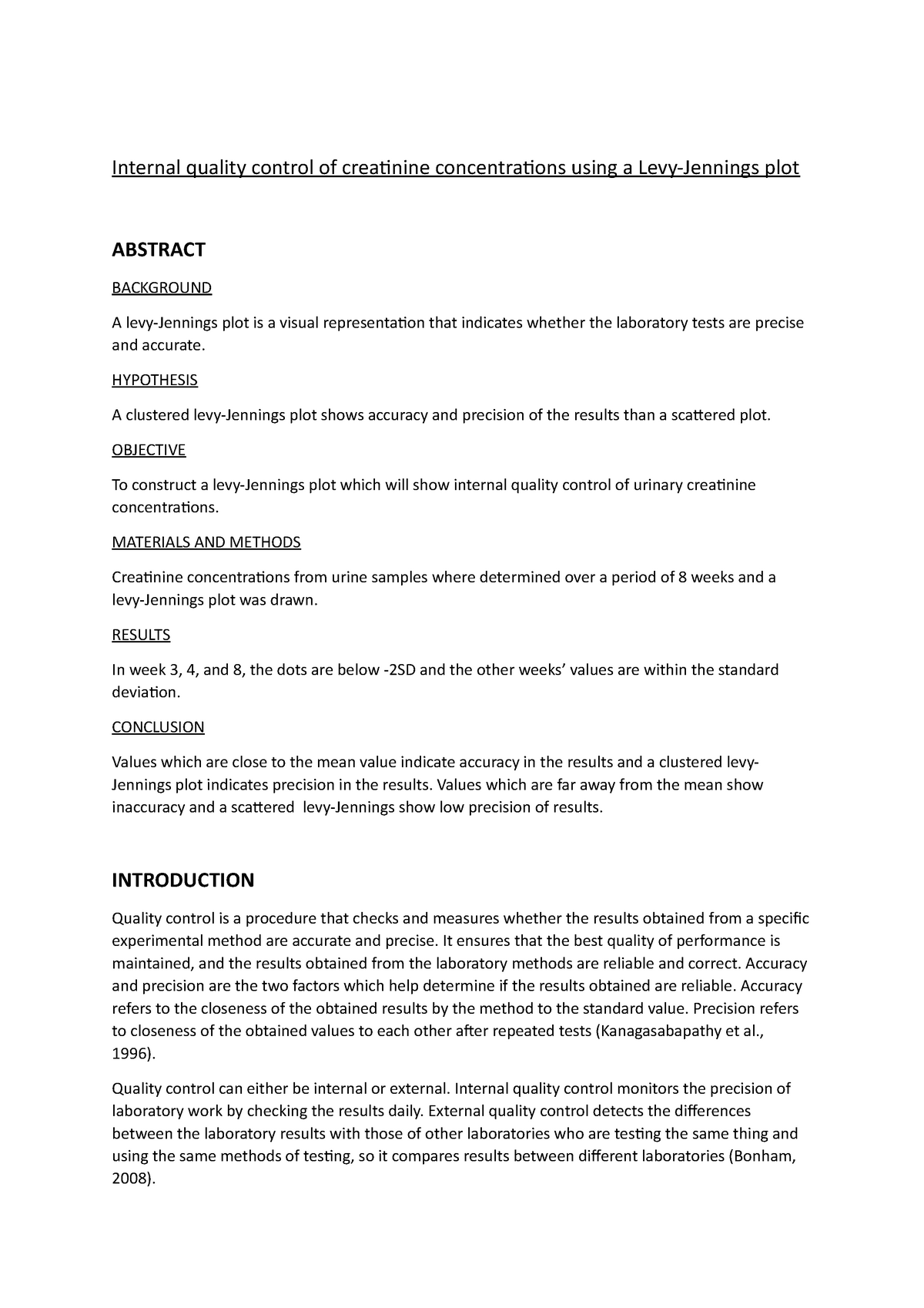 Exp 4 Semester 2 Biochem 2 - Internal quality control of creatinine ...