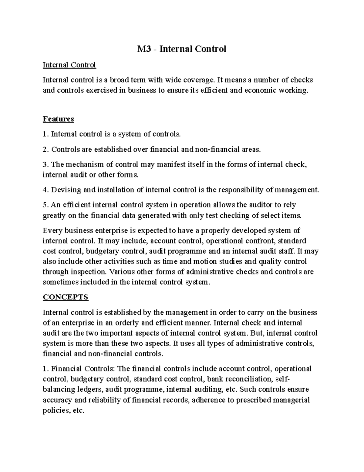 M3 - EXAM NOTES - M3 - Internal Control Internal Control Internal ...