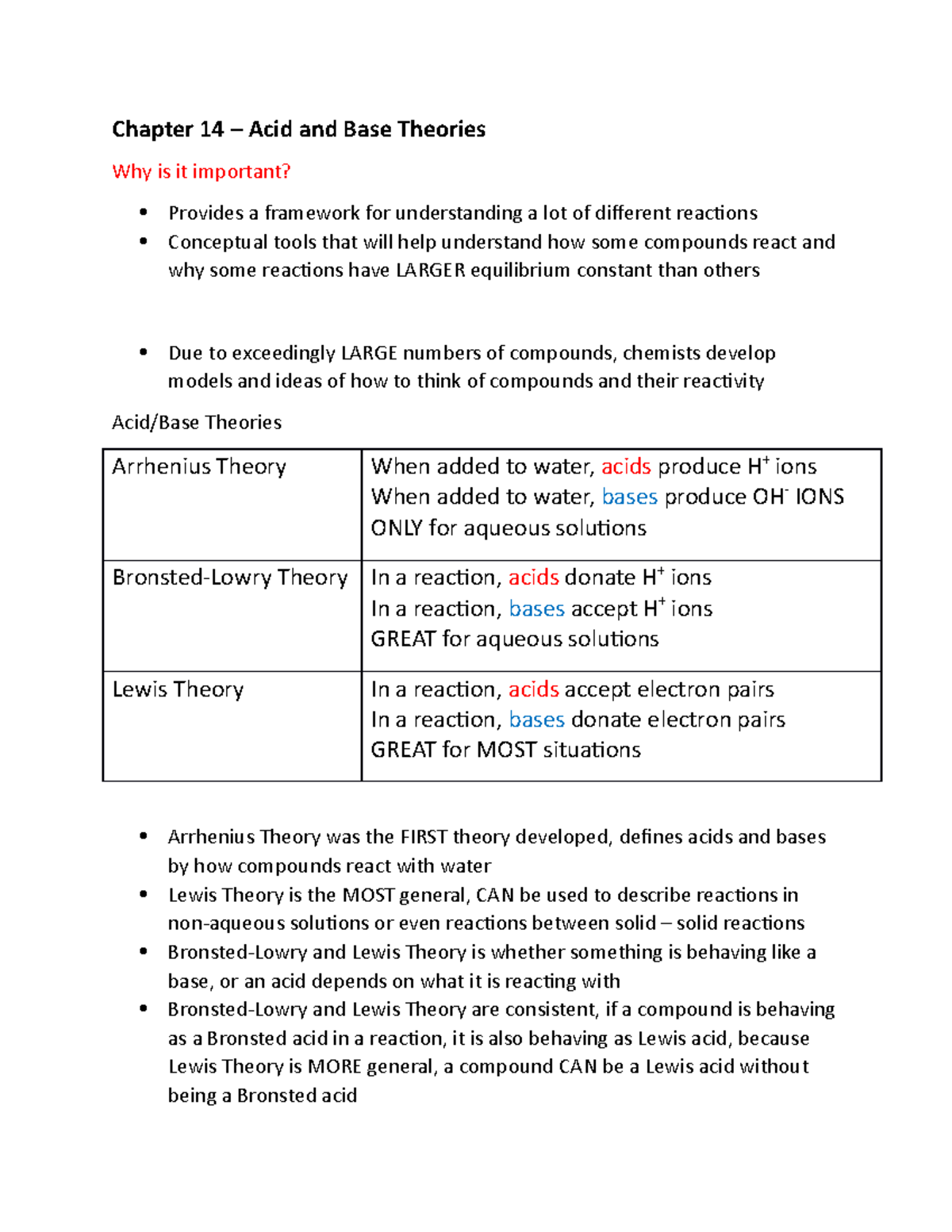 CHEM 114 Chap 14 Acid/Base Theories Equilibrium Constants Important