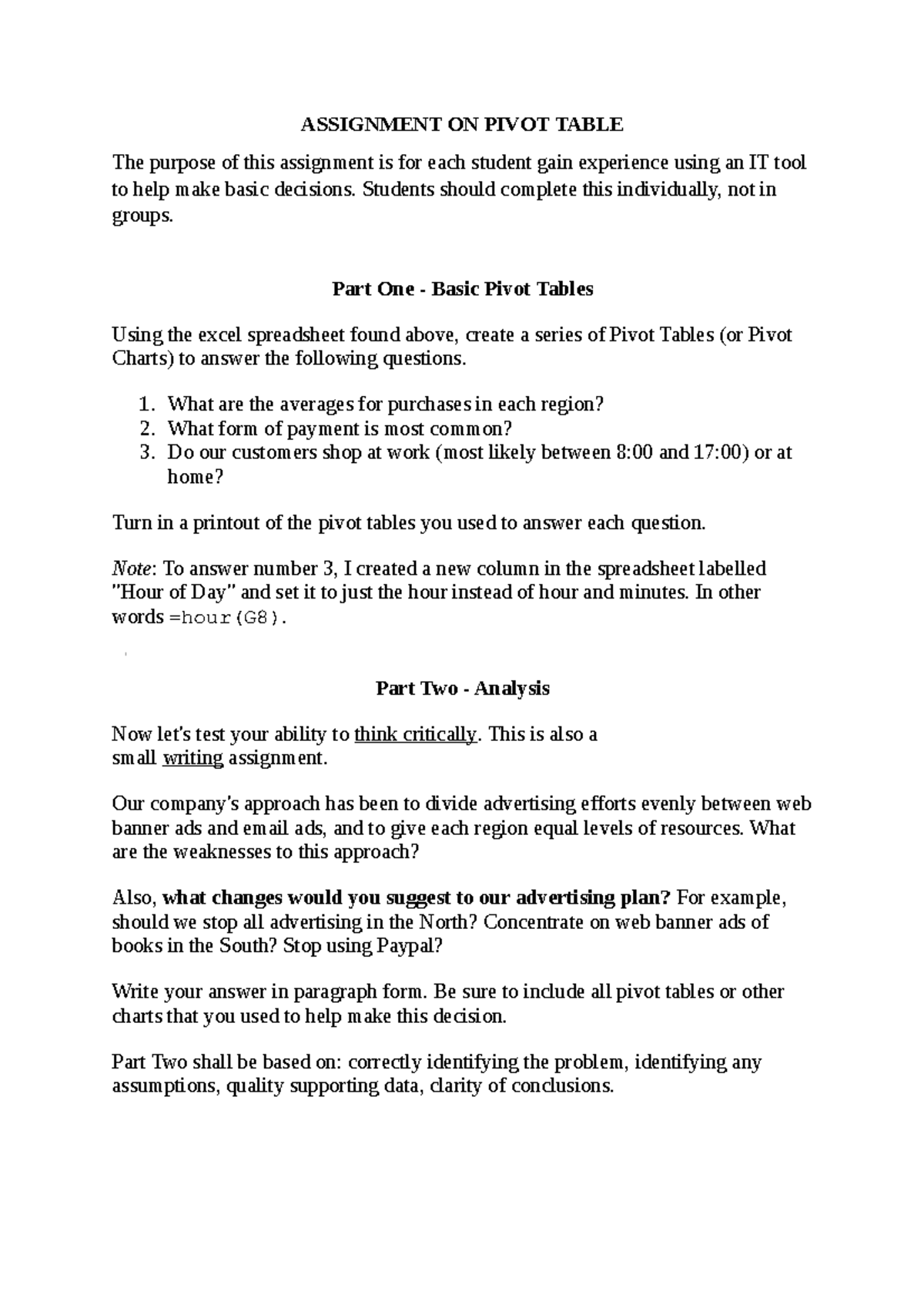 Assignment ON Pivot Table - ASSIGNMENT ON PIVOT TABLE The purpose of ...