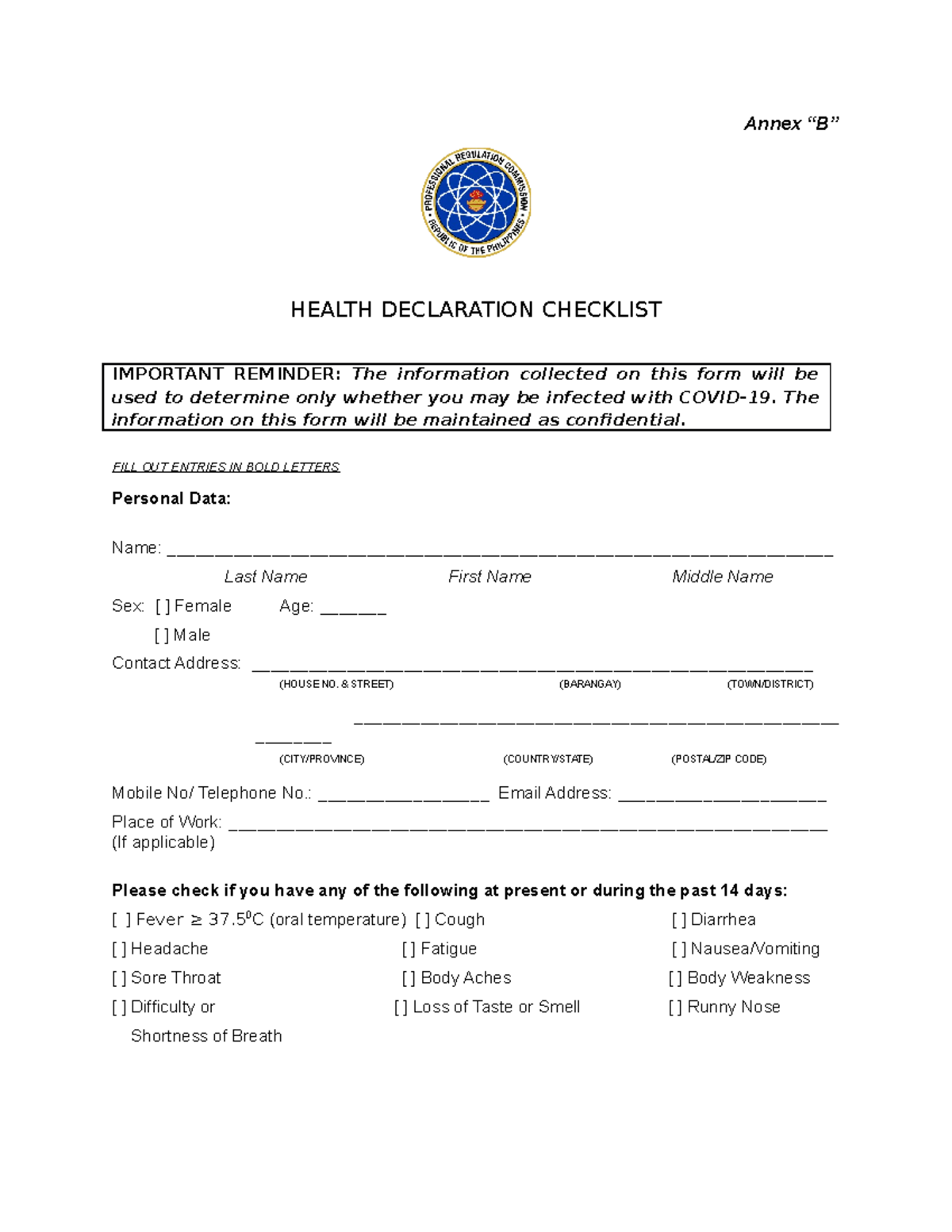 Annex B Health Declaration Form - Annex “B” HEALTH DECLARATION ...