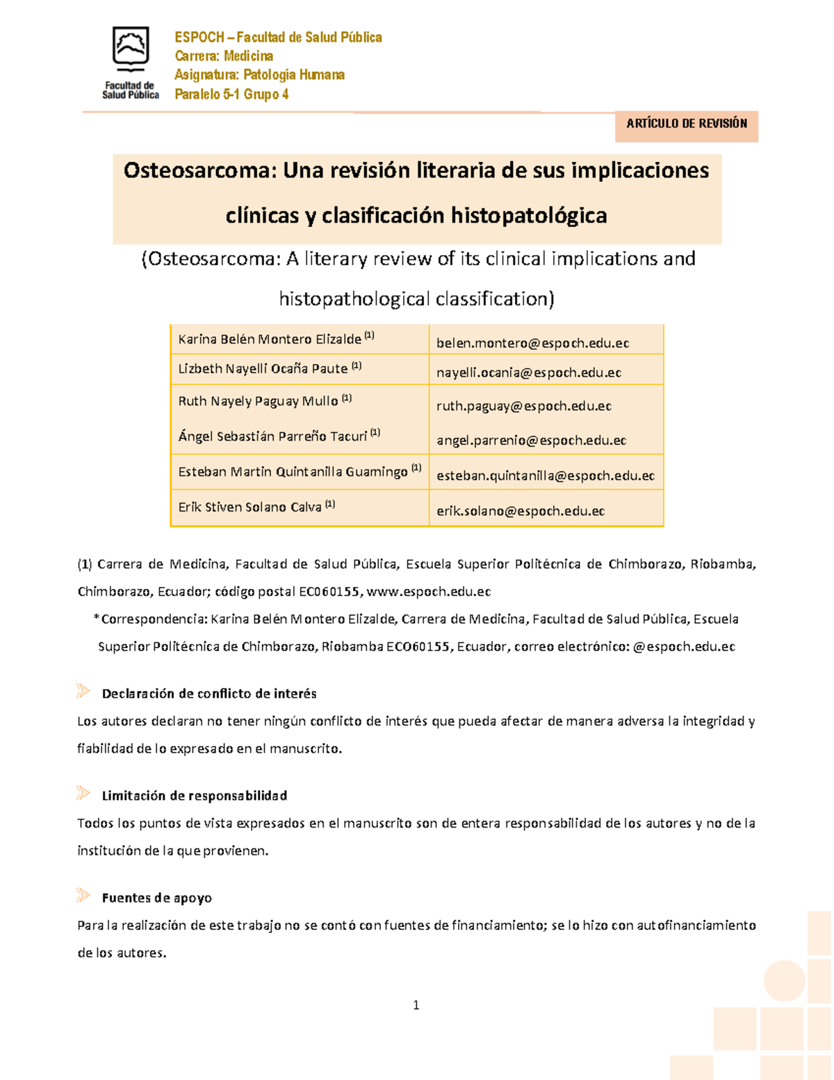 Osteosarcoma: revisión - ESPOCH – Facultad de Salud Pública Carrera ...