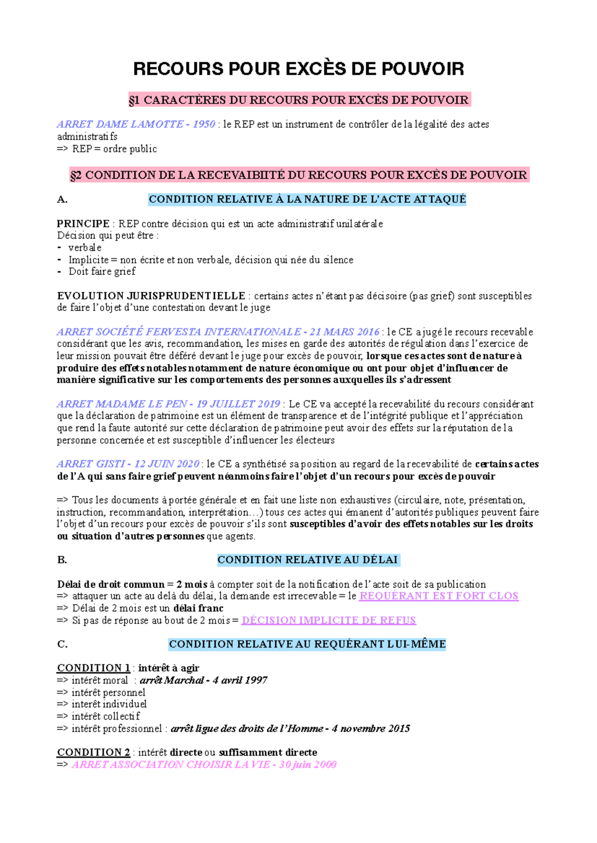 Fiche droit administratif REP - RECOURS POUR EXCÈS DE POUVOIR §1 ...