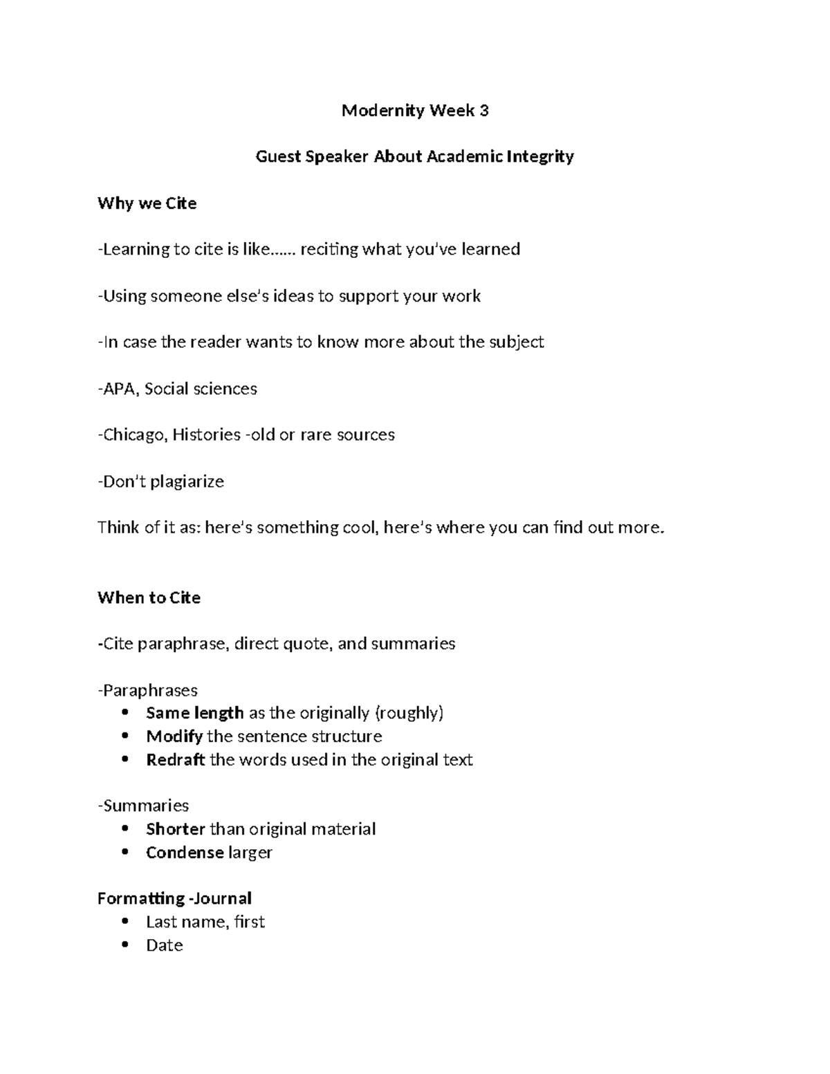 Modernity Week 3 - ..... reciting what you’ve learned -Using someone ...