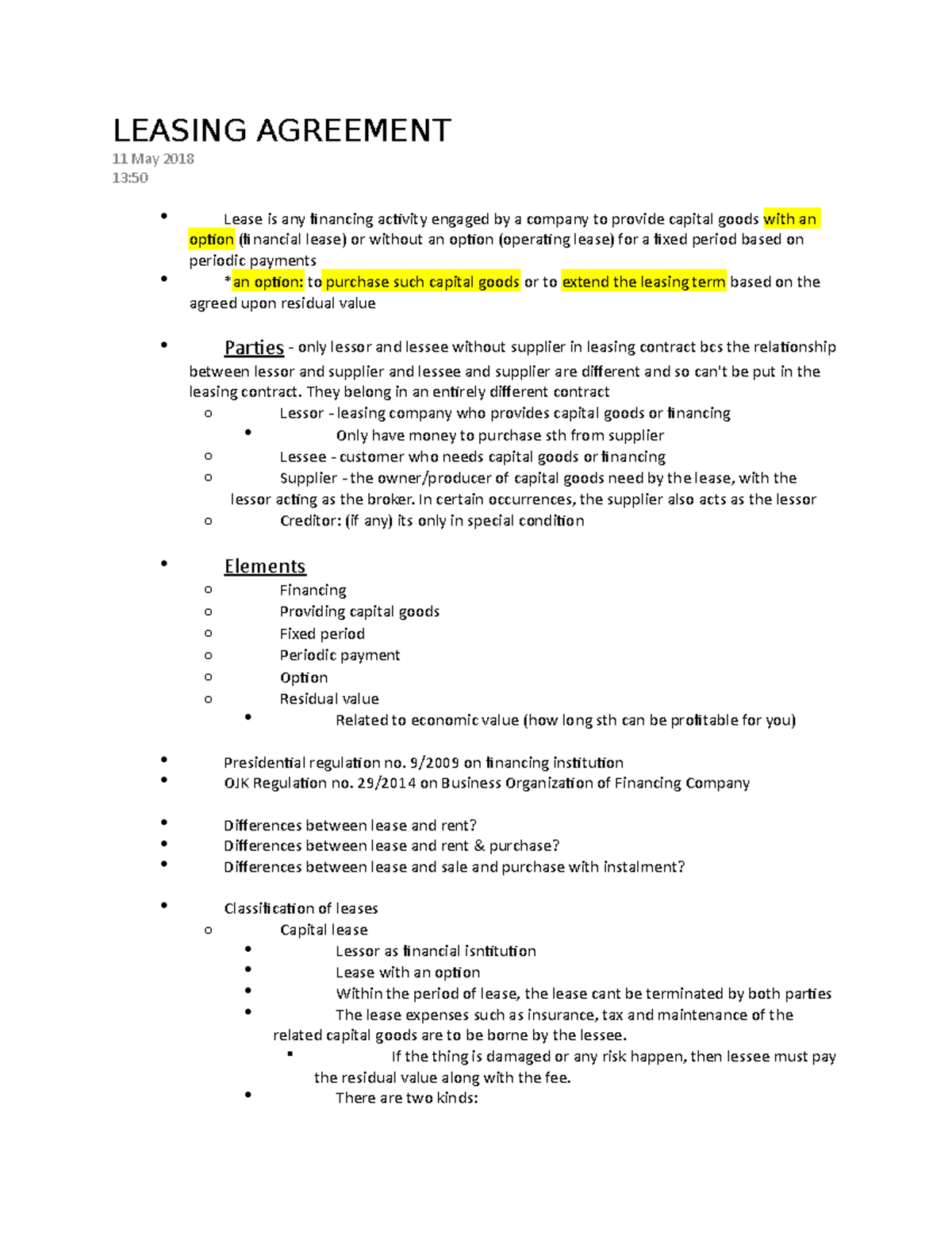 Leasing Agreement - Lecture notes 9 - LEASING AGREEMENT 11 May 2018 13: ...