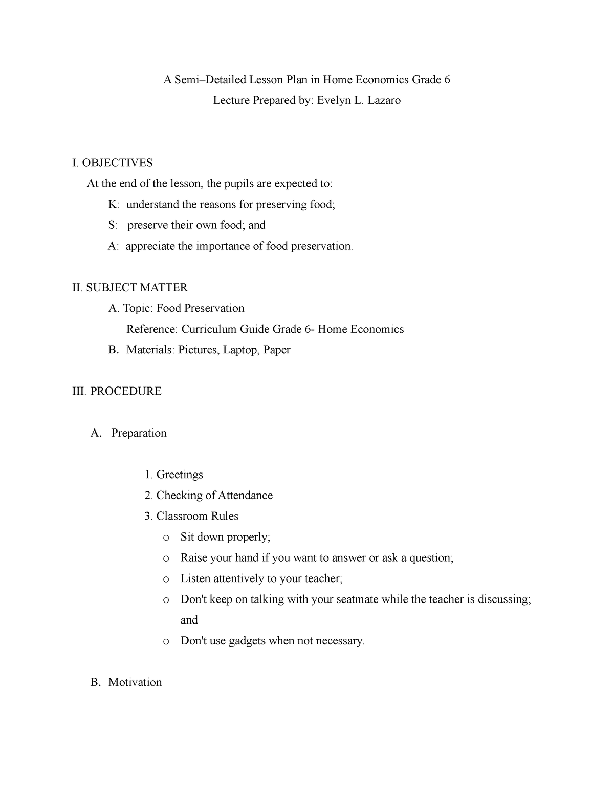 Example Of Lesson Plan In Home Economics