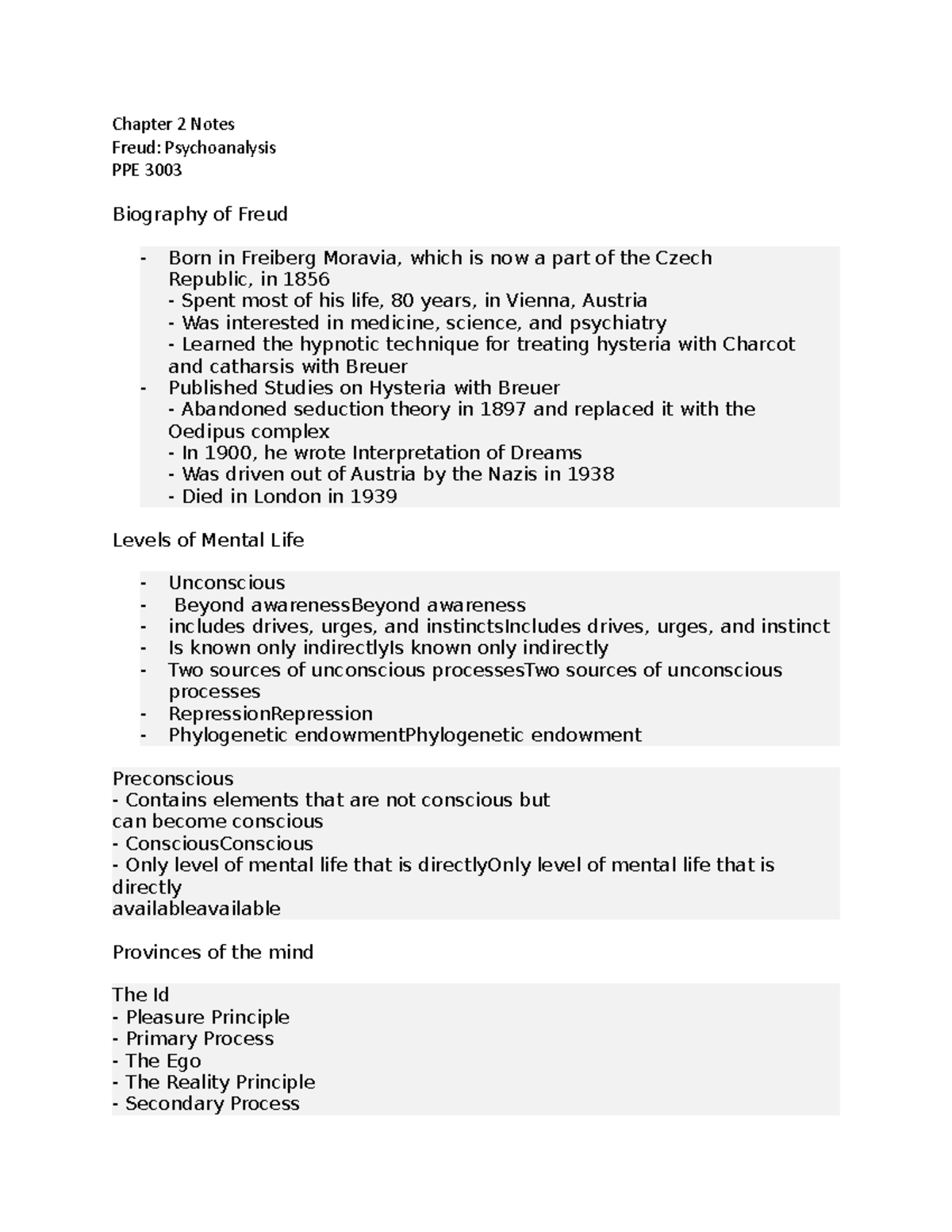 Chapter 2 Notes PPE3003 - Chapter 2 Notes Freud: Psychoanalysis PPE ...