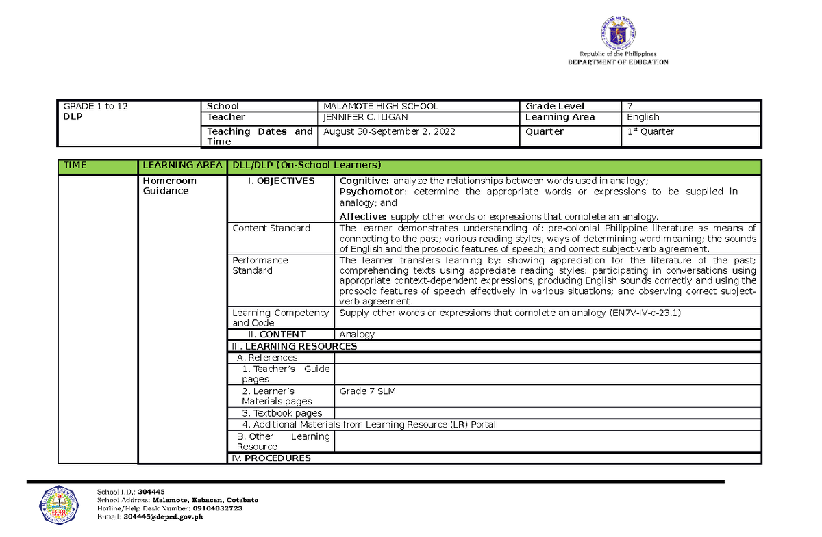 Analogy - GRADE 1 to 12 DLP School MALAMOTE HIGH SCHOOL Grade Level 7 ...