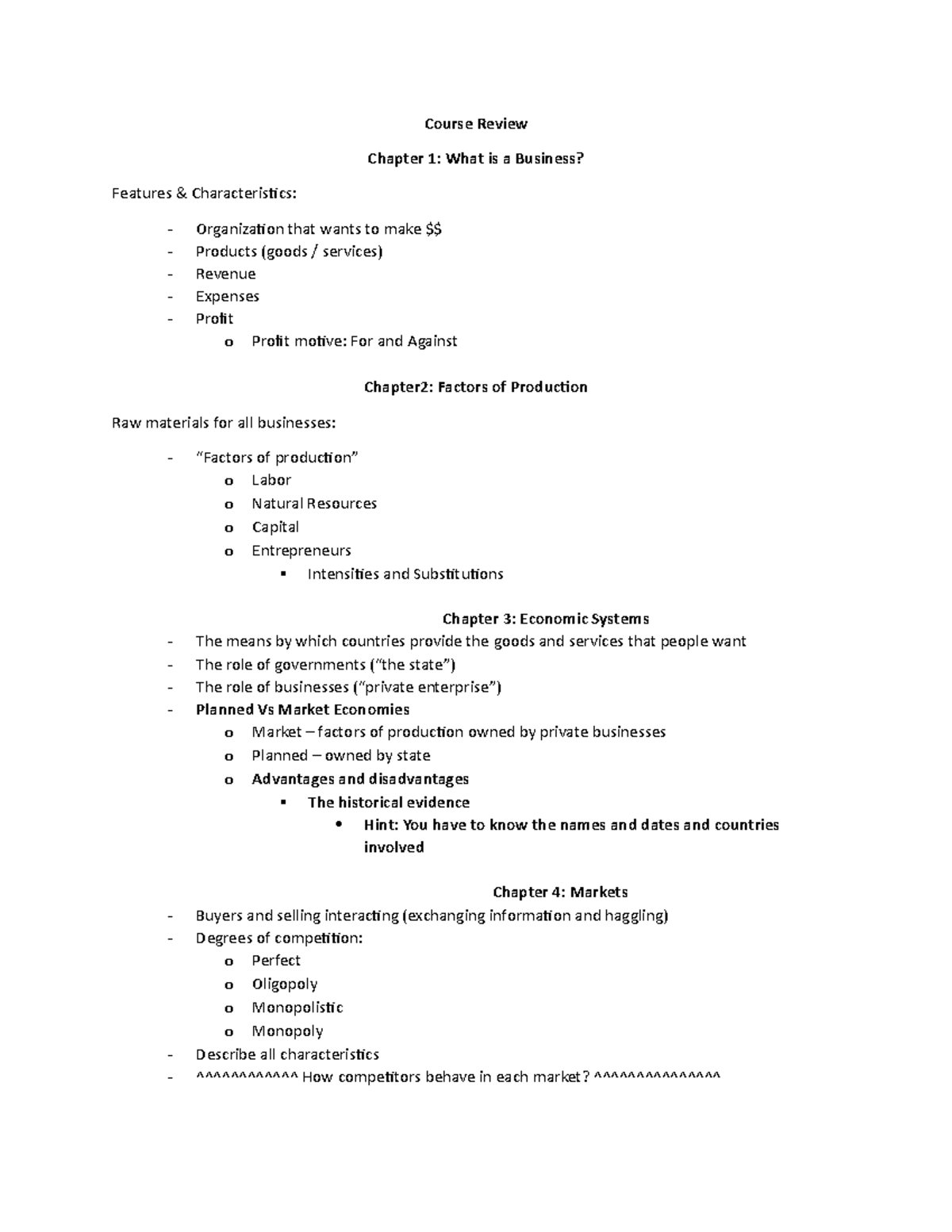 MGTA01 - Course Review - Course Review Chapter 1: What is a Business ...