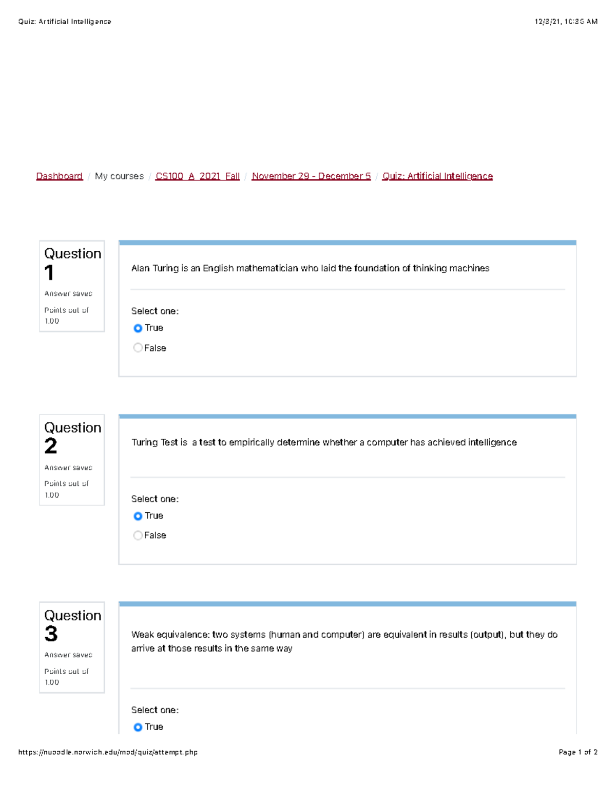 Chapter 9 Quiz AI - Work - Quiz: Artificial Intelligence 12/3/21, 10:36 ...