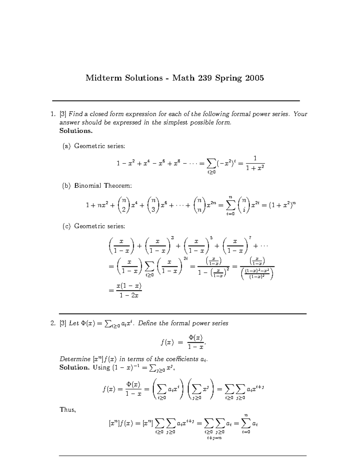 MATH239Spring-2005 Midtermsolution - Midterm Solutions - Math 239 ...