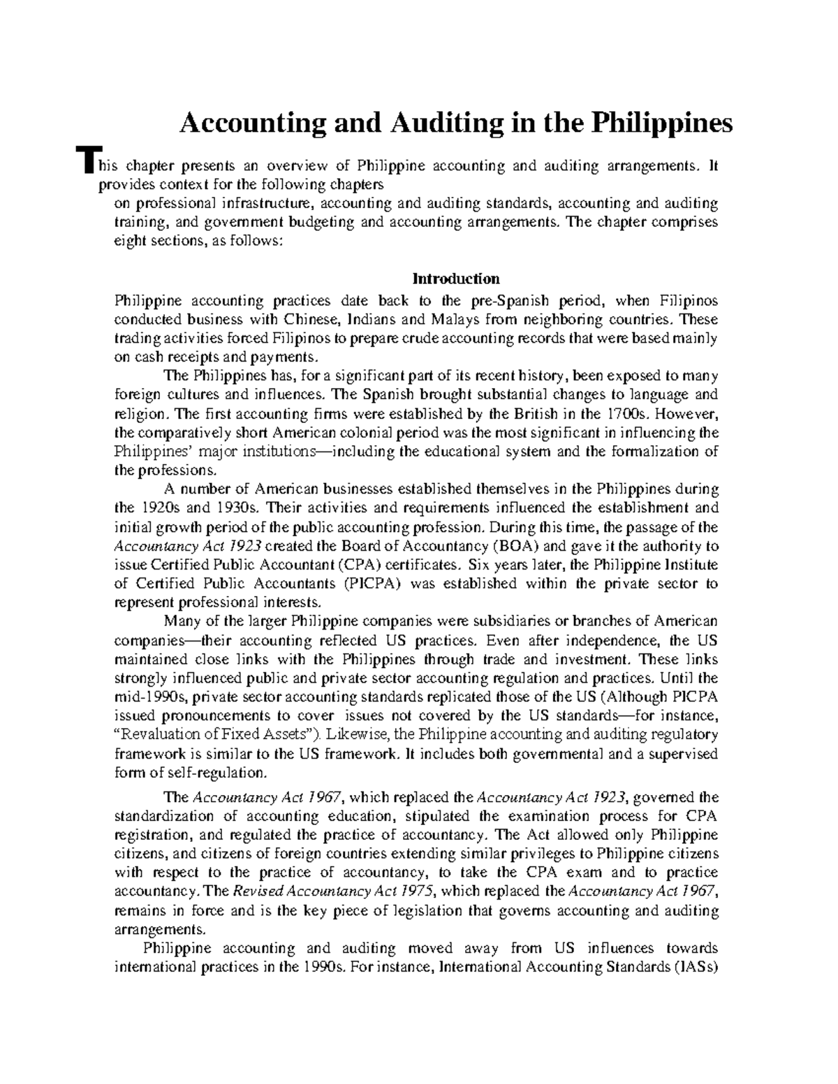 Accounting and Auditing in the Philippines It provides context for