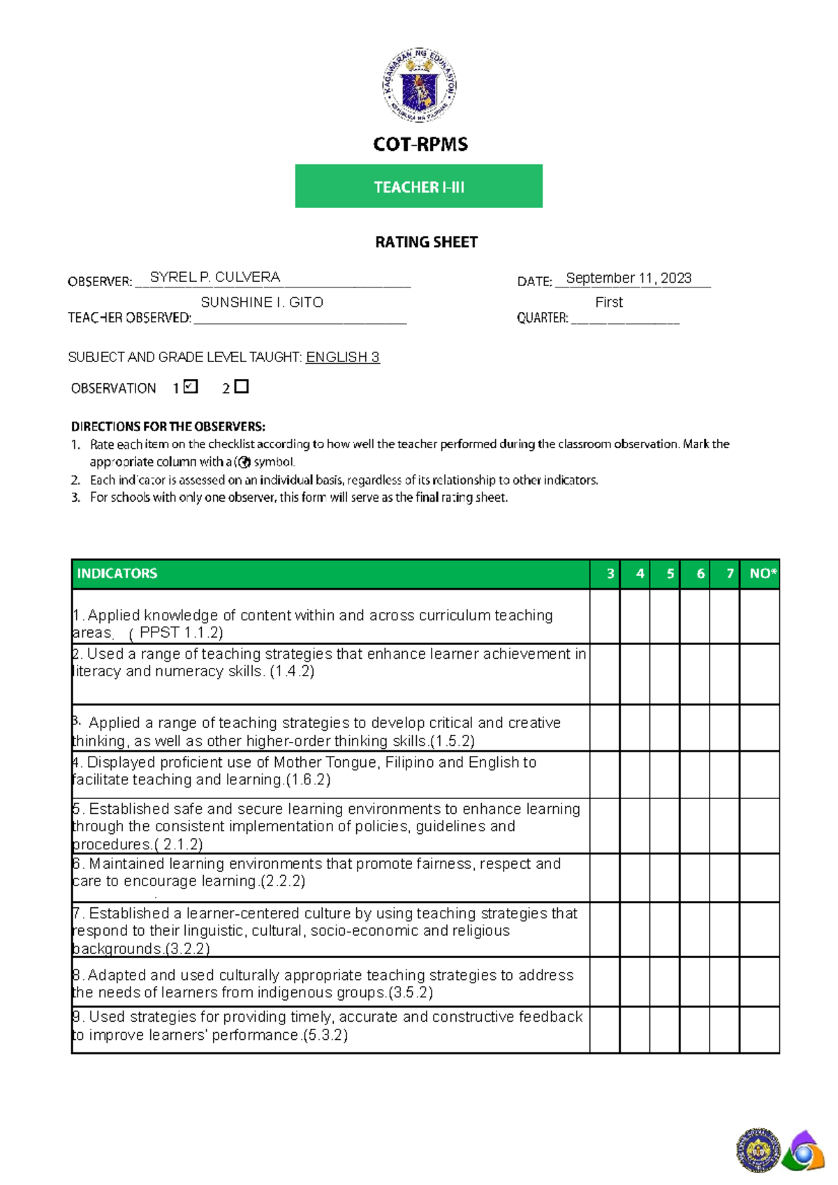 Cot 2023 24 Proficient - Sample - Subject And Grade Level Taught 