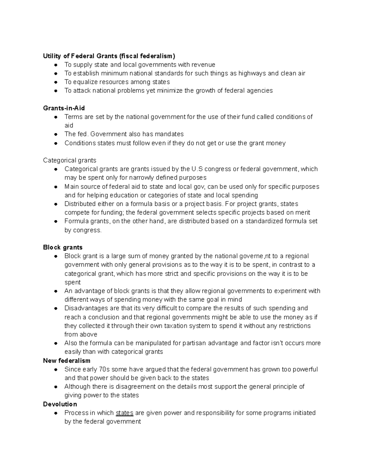 Pols 220 notes 4 - Utility of Federal Grants (fiscal federalism) To ...