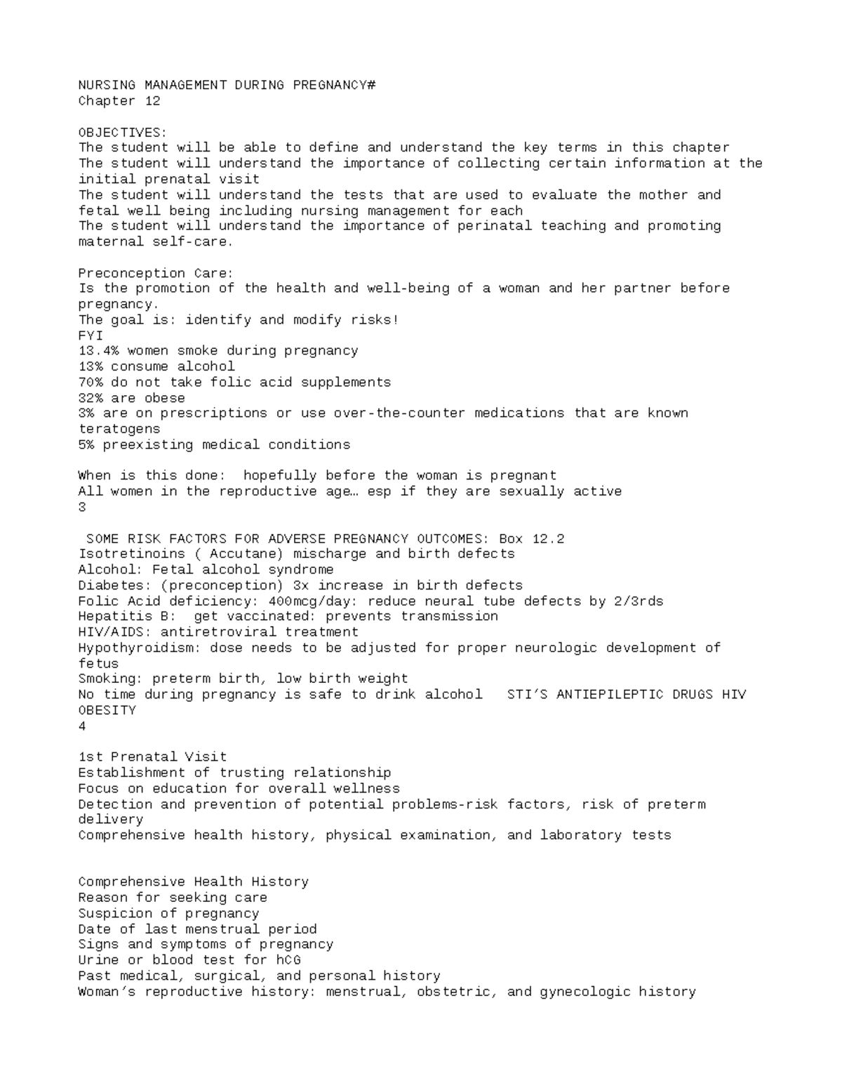 Chapter 12 Managment during Pregnancy NURSING MANAGEMENT DURING