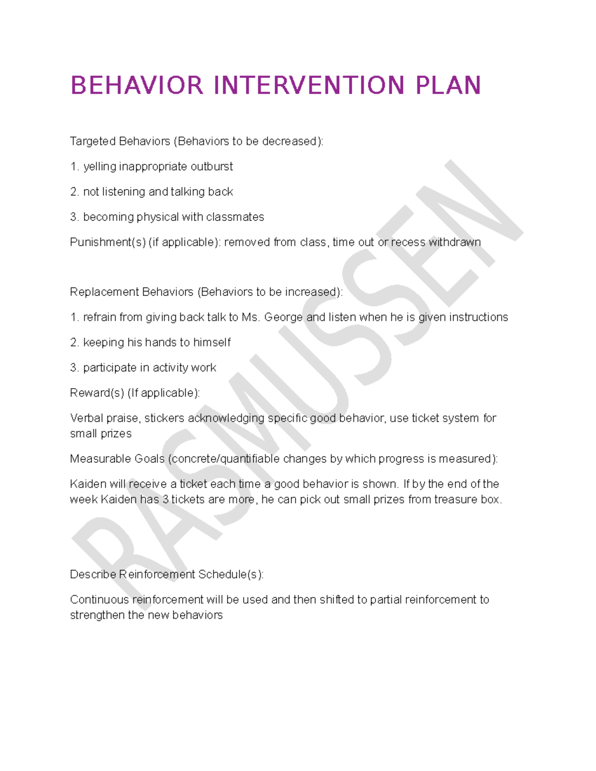 Behavior Intervention Plan - 2356 - Studocu