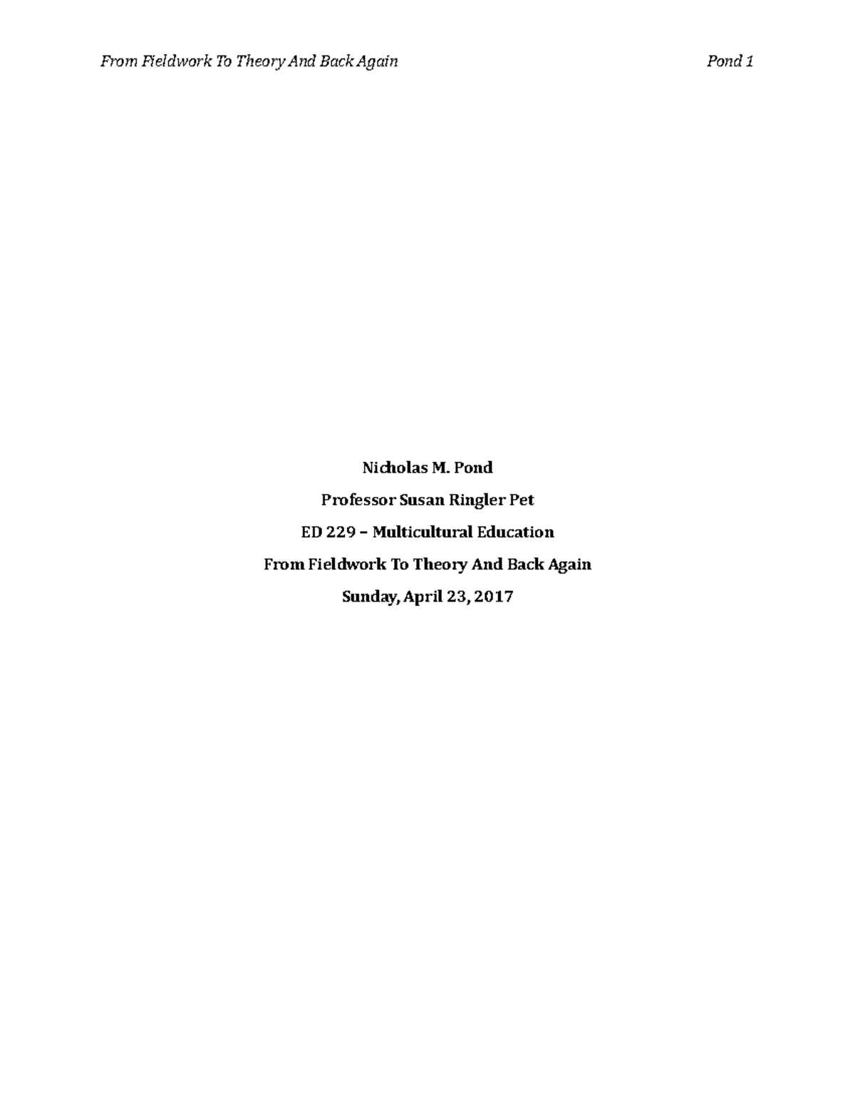 From Fieldwork To Theory And Back Again - Nicholas M. Pond Professor ...