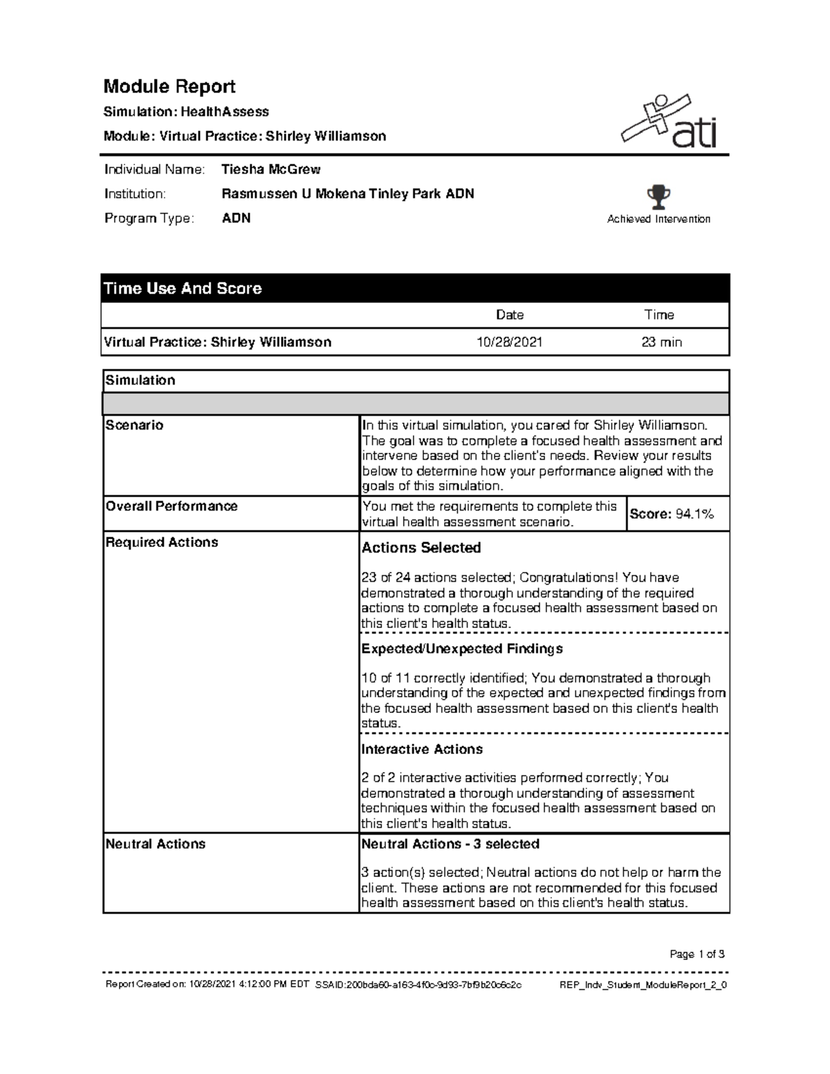 Shirley Williamson ATI Report - Module Report Simulation: HealthAssess