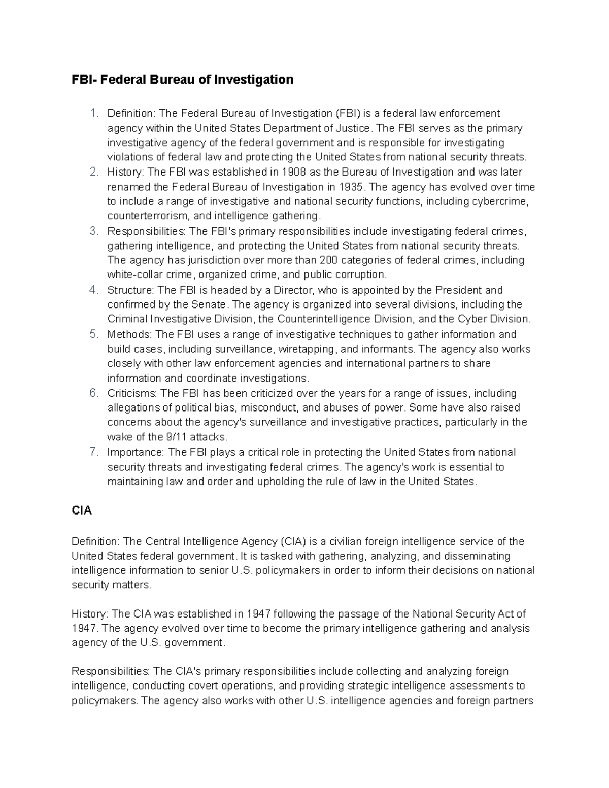 FBI, CIA, Homeland Security Notes FBI Federal Bureau of