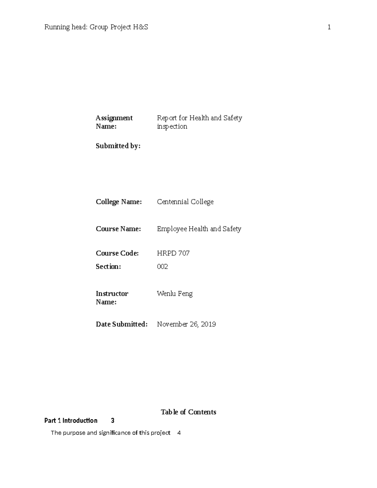 Final Project H S - Running head: Group Project H&S 1 Assignment Name ...