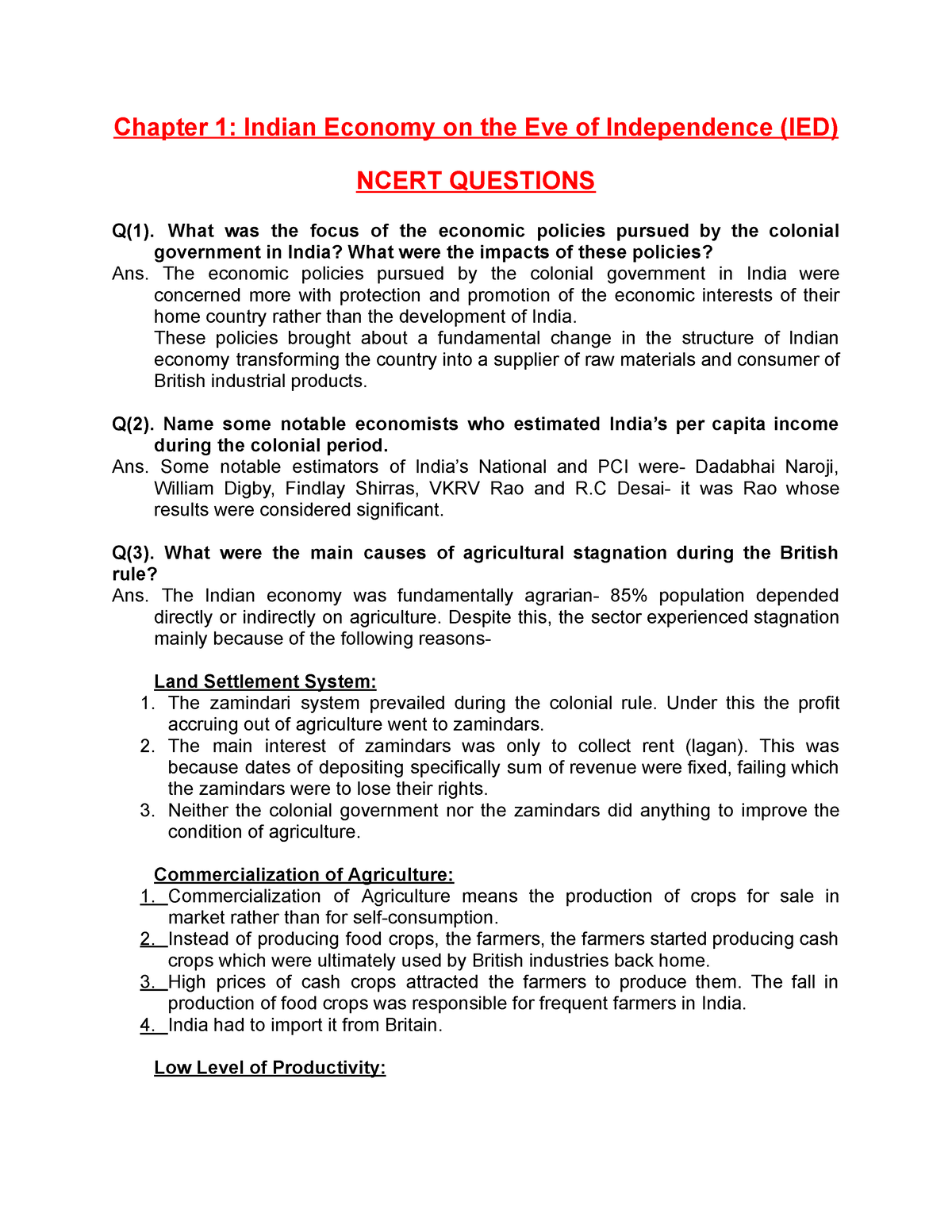 Chapter 1 (Notes) Indian Economics Development - Chapter 1: Indian ...