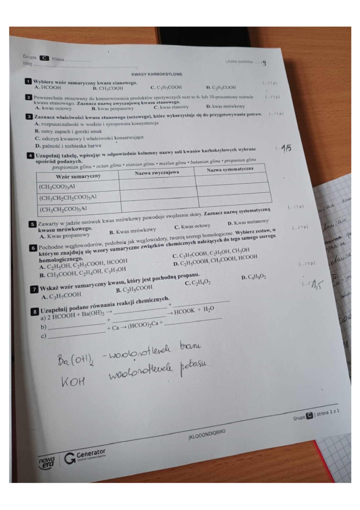 Kwasy karboksylowe c - nowa era - Grupa C Klasa Liczba punkion g Imie