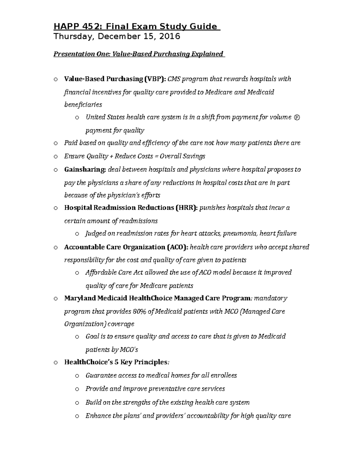 HAPP 452 Final Exam Study Guide - HAPP 452: Final Exam Study Guide ...