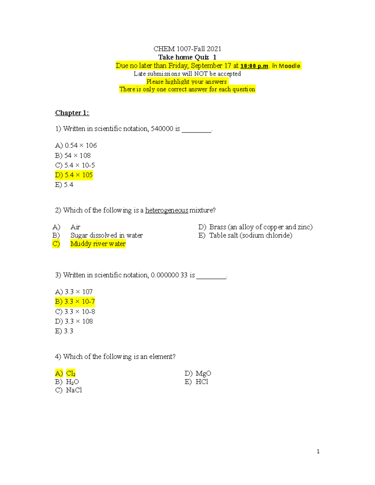 Take home quiz 1 (Auto Recovered) - CHEM 1007-Fall 2021 Take home Quiz ...