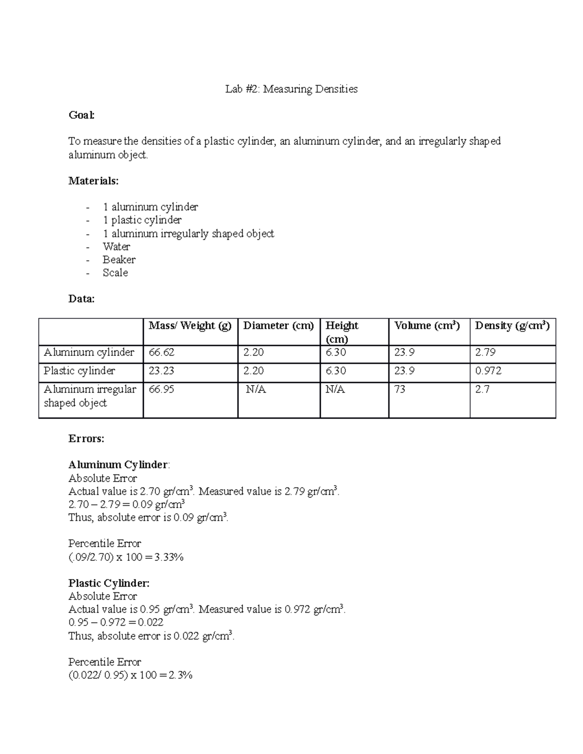 Measuring Densities Lab - Lab #2: Measuring Densities Goal: To measure ...