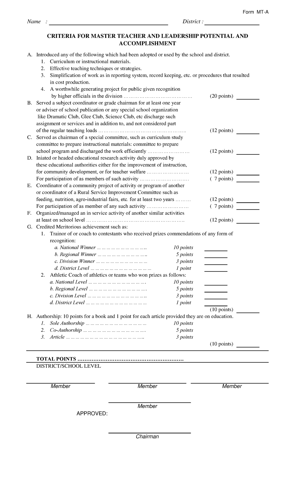 Criteria for Master Teacher - Form MT-A Name : District : A. Introduced ...