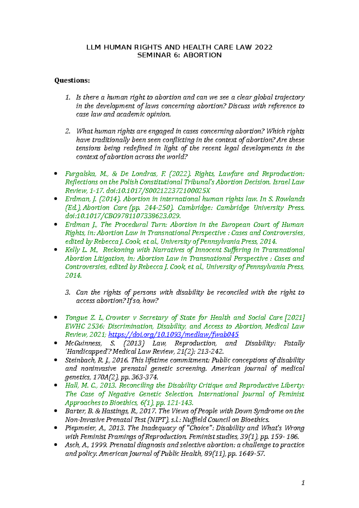 Abortion - LLM HUMAN RIGHTS AND HEALTH CARE LAW 2022 SEMINAR 6 ...