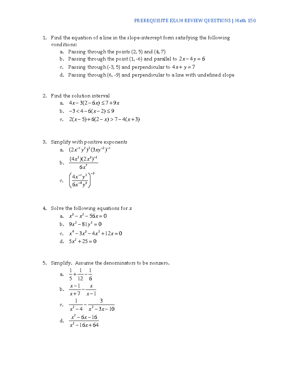 Math 150 Prereq Exam Review - PREREQUISITE EXAM REVIEW QUESTIONS | Math ...