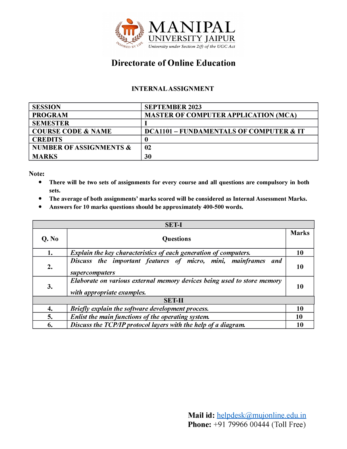 Assignment DCA6101 MCA 1 Set-1 and 2 September 2023 - Directorate of ...