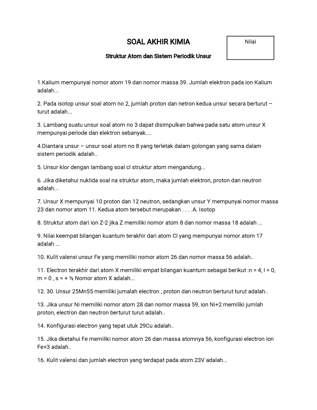 Latihan Soal Struktur Atom Dan Sistem Periodik Unsur - SOAL AKHIR KIMIA ...