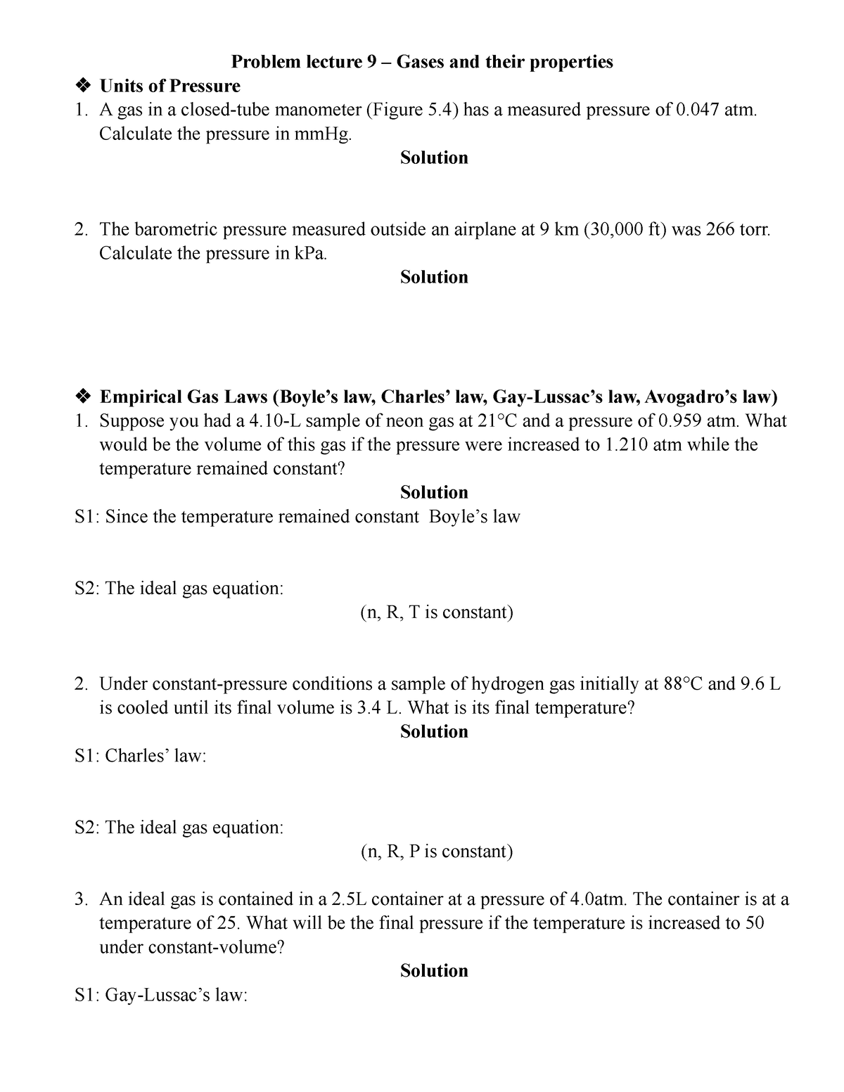 Problems - Gas And Properties - Problem Lecture 9 – Gases And Their ...