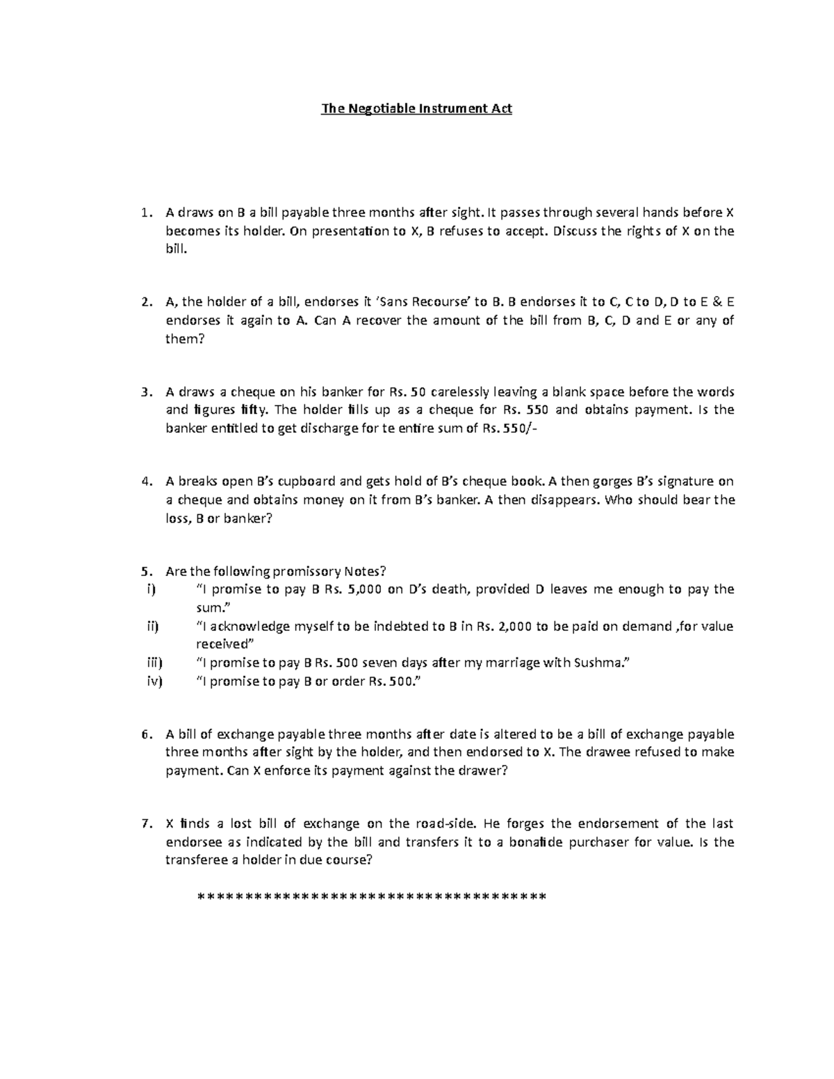 Negotiable Act cases The Negotiable Instrument Act A draws on B a