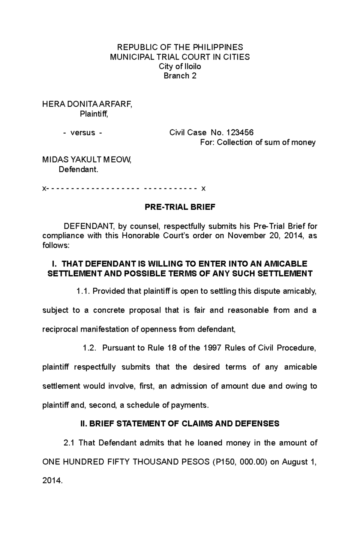 Sample only PRE Trial Brief FOR Defendan - REPUBLIC OF THE PHILIPPINES ...