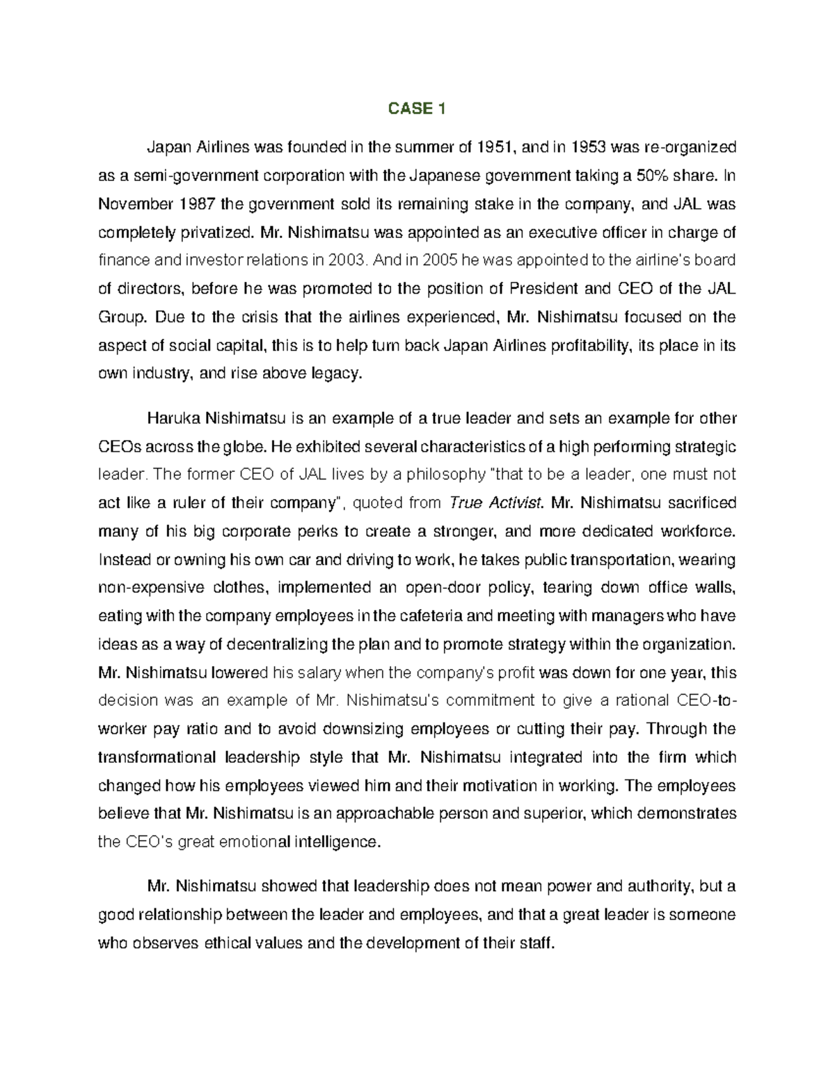 Case Analysis in Business Organization - CASE 1 Japan Airlines was ...