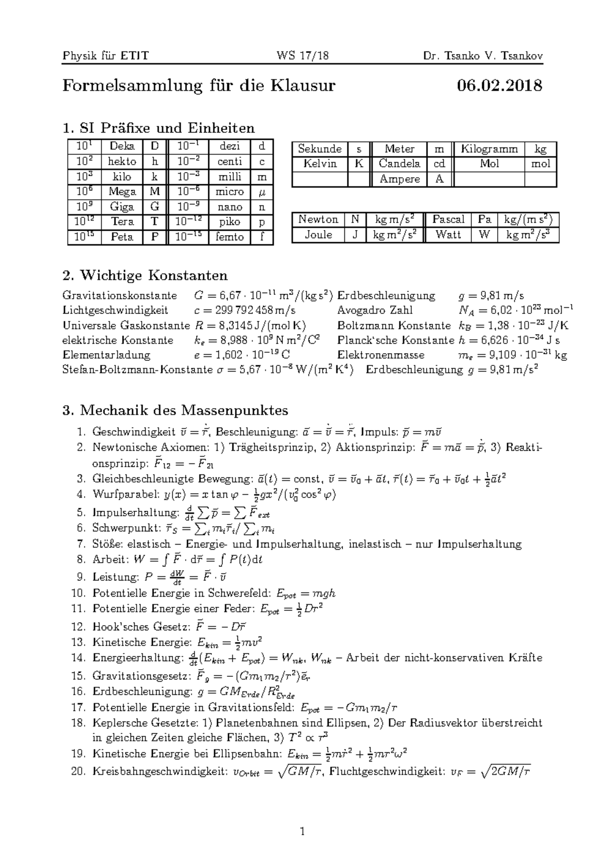 Klausur Formelsammlung - Physik ETIT WS Dr. Tsanko V. Tsankov ...