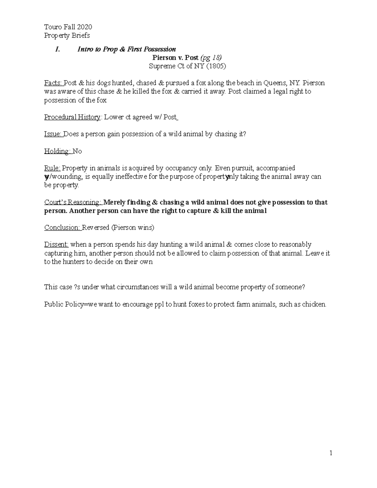 Property Running Briefs Property I Touro Fall 2020 Seplowitz Property