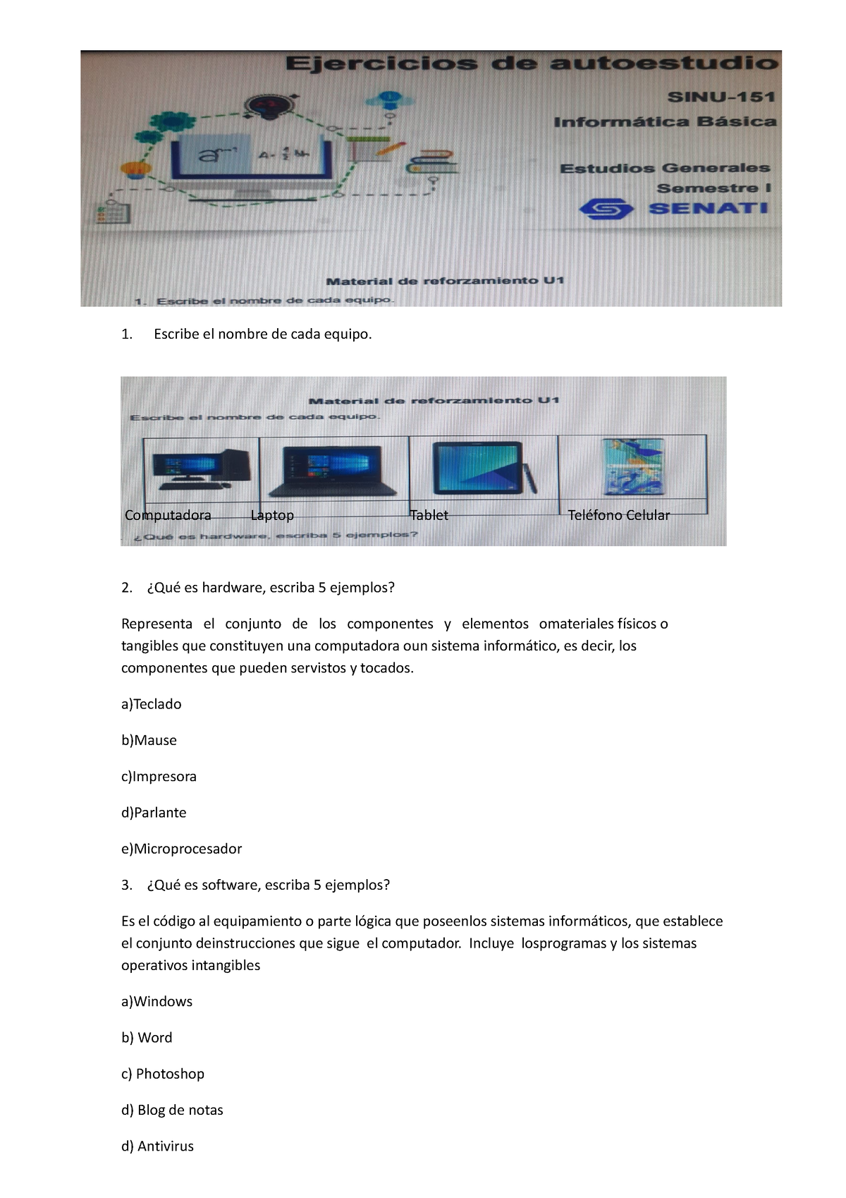 SINU-151 Unidad 01 Material Reforzamiento - Escribe El Nombre De Cada ...