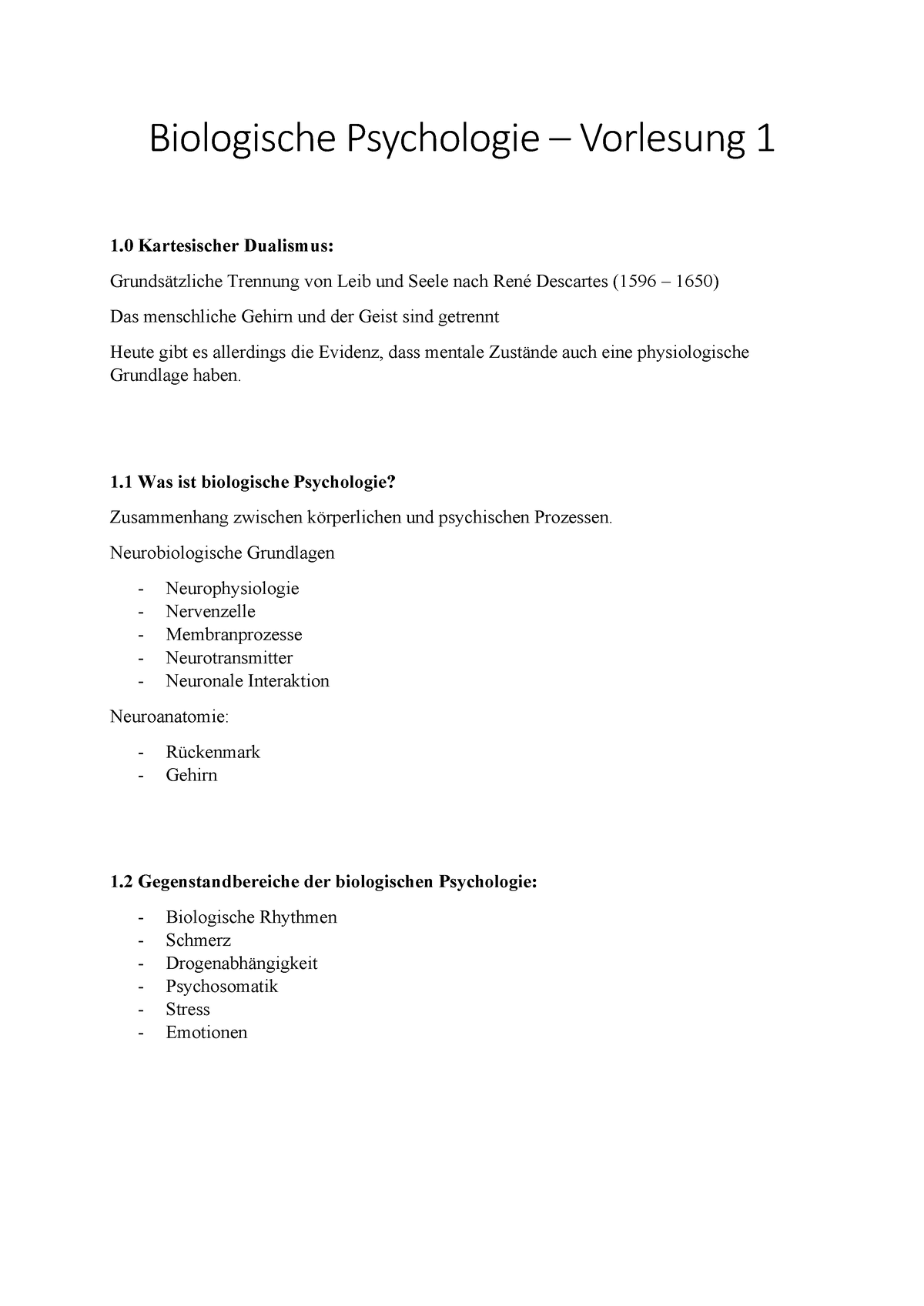 Biologische A&B - Biologische Psychologie – Vorlesung 1 1 Kartesischer ...