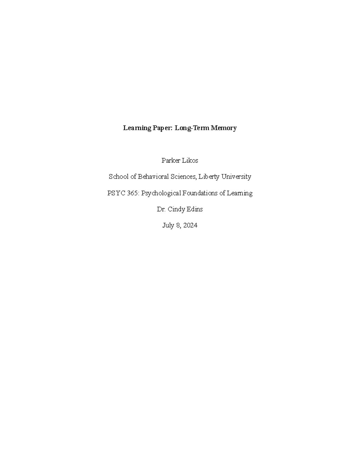 Title and Reference Page Assignment - Learning Paper: Long-Term Memory ...