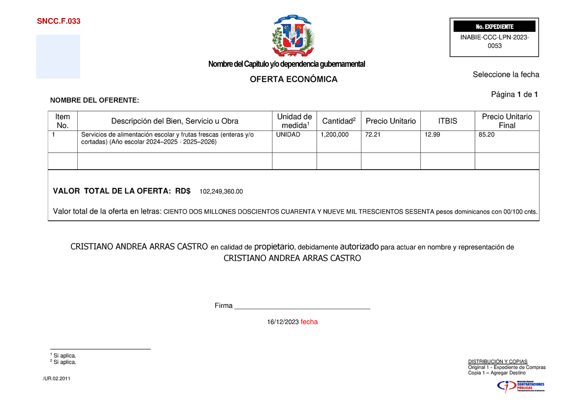 Formulario SNCC F033 Of Economica - /UR 2 .201 1 DISTRIBUCIÓN Y COPIAS ...