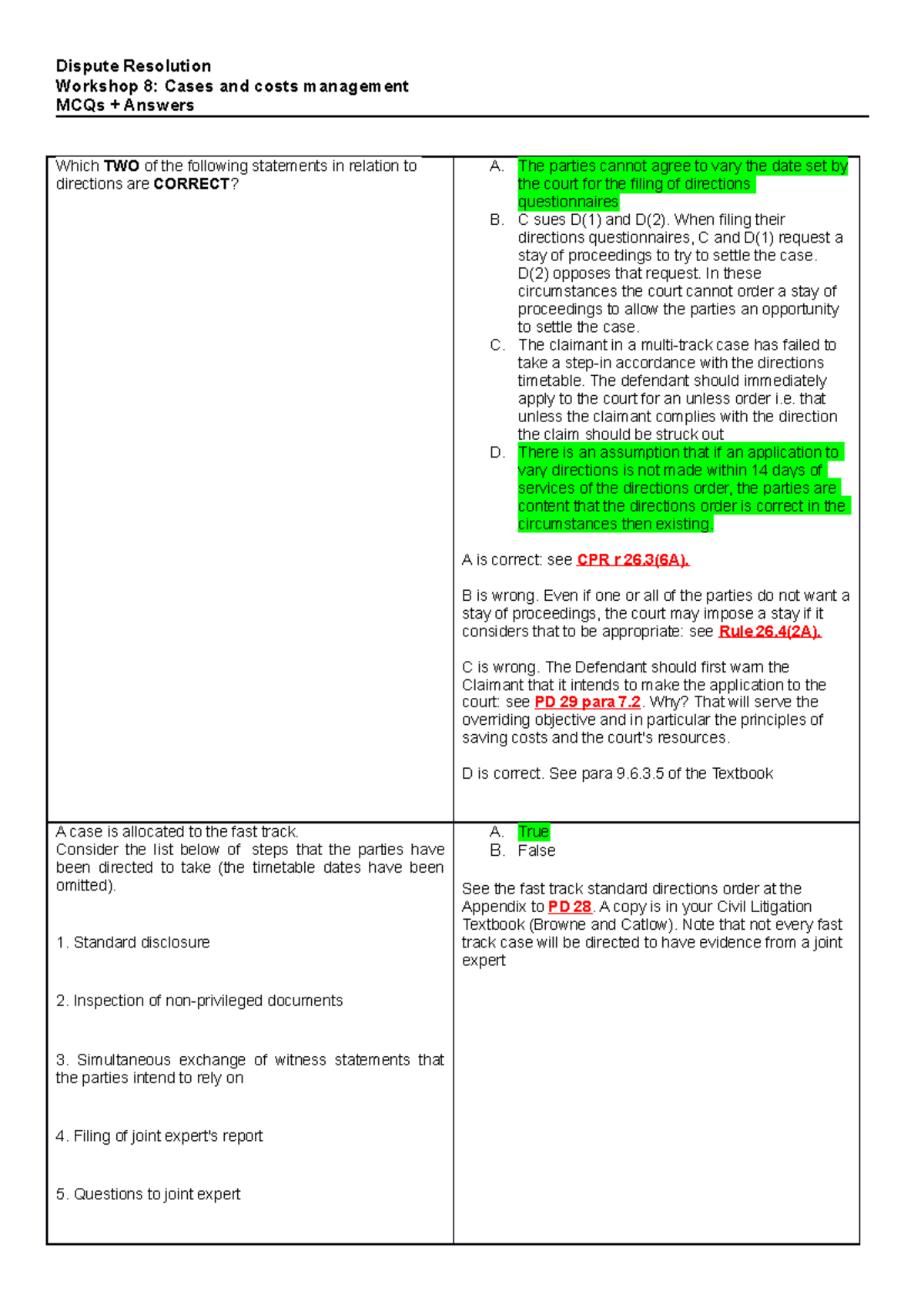 DR W8 Mcqs And Answers - Dispute Resolution Workshop 8: Cases And Costs ...