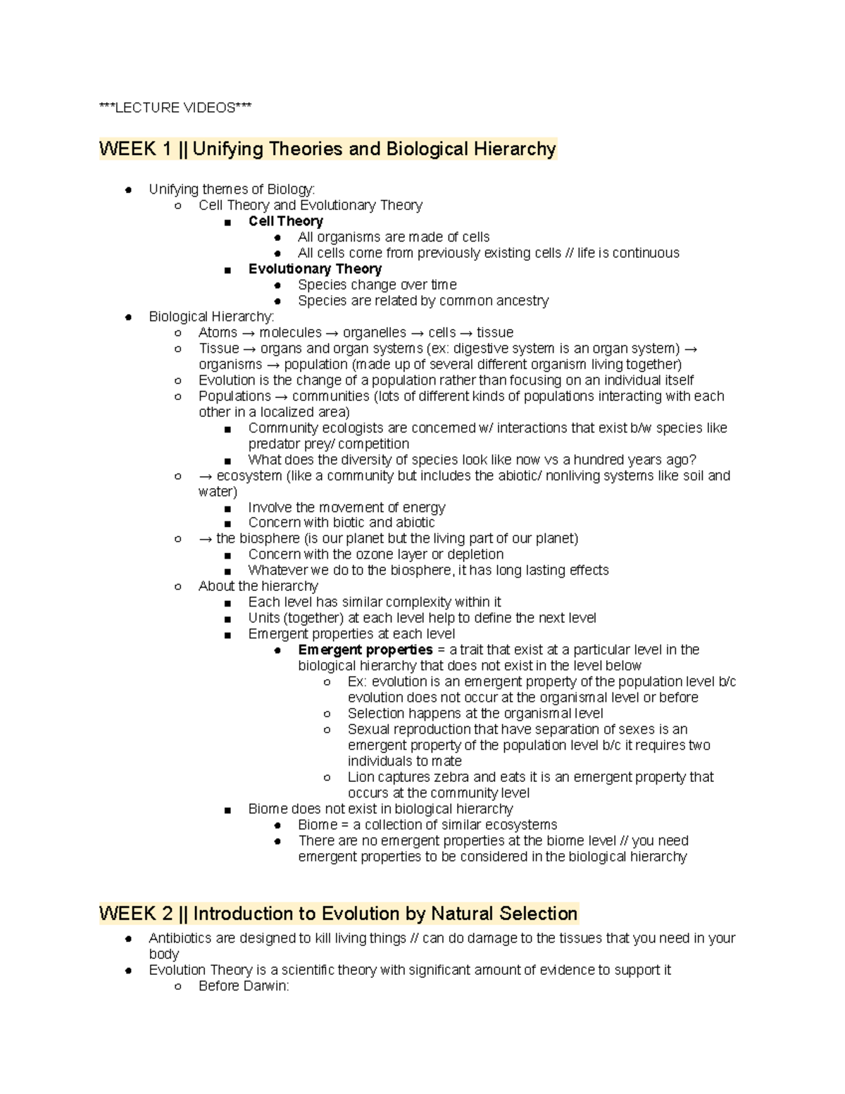 BIOL 114 Lecture Notes Exam 1 - LECTURE VIDEOS WEEK 1 || Unifying ...