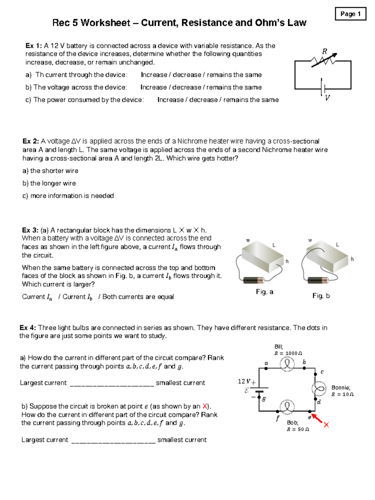 Rec 5 Ch17 Resistors - Rec 5 Worksheet – Current, Resistance and Ohm’s ...