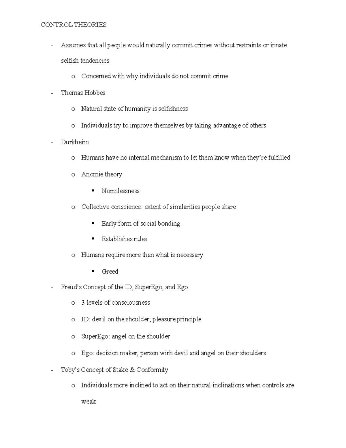 CRJU370 notes 10 - Control theories: Hobbes, Durkheim, Freud, Toby, Nye ...