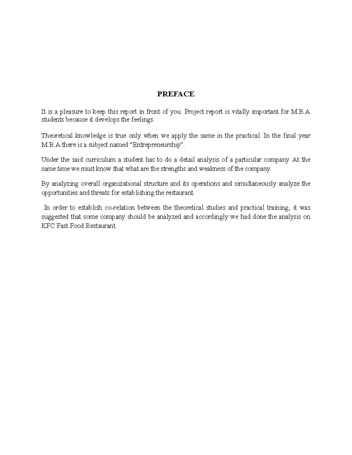Part 6 - KFC Feasibility - PREFACE It is a pleasure to keep this report ...